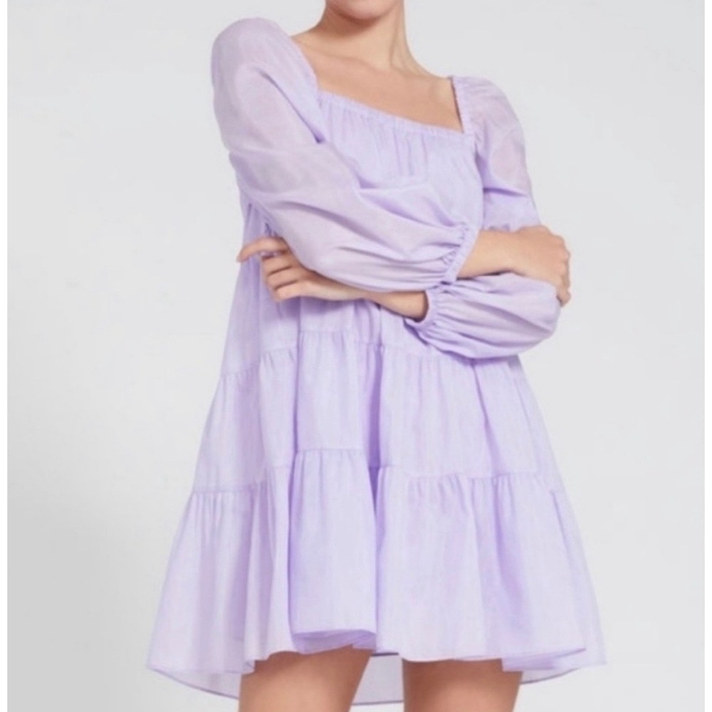 Alice + Olivia Rowen Mini Dress‎ sz XS Lavender Silk Tiered Puff Sleeve Y2K